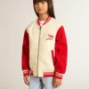 Giacca bomber da bambino in cotone beige e rosso con ricamo sul petto