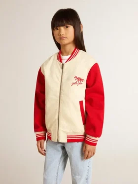 Giacca bomber da bambino in cotone beige e rosso con ricamo sul petto