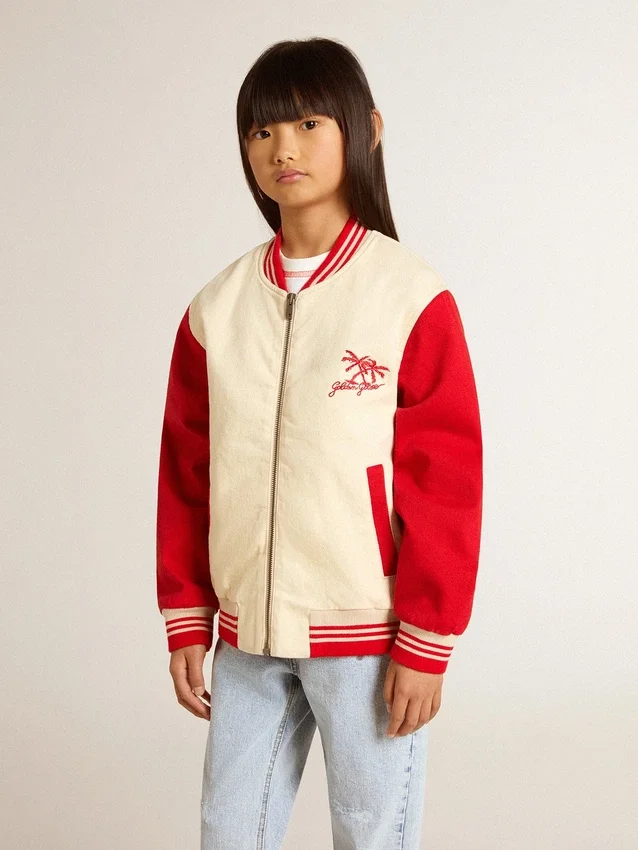 Giacca bomber da bambino in cotone beige e rosso con ricamo sul petto