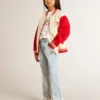 Giacca bomber da bambino in cotone beige e rosso con ricamo sul petto
