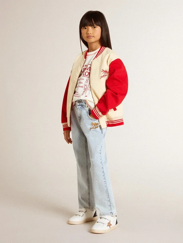 Giacca bomber da bambino in cotone beige e rosso con ricamo sul petto