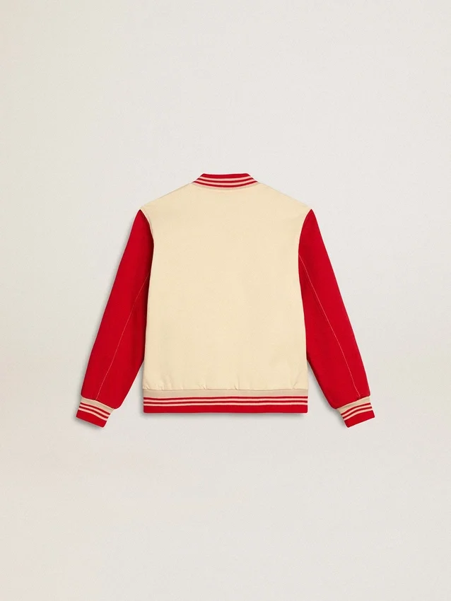 Giacca bomber da bambino in cotone beige e rosso con ricamo sul petto