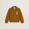 Giacca bomber da bambino in lana giallo ocra con toppa