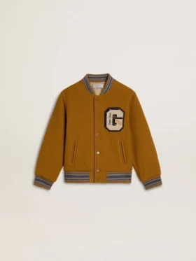 Giacca bomber da bambino in lana giallo ocra con toppa