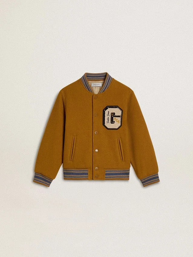 Giacca bomber da bambino in lana giallo ocra con toppa
