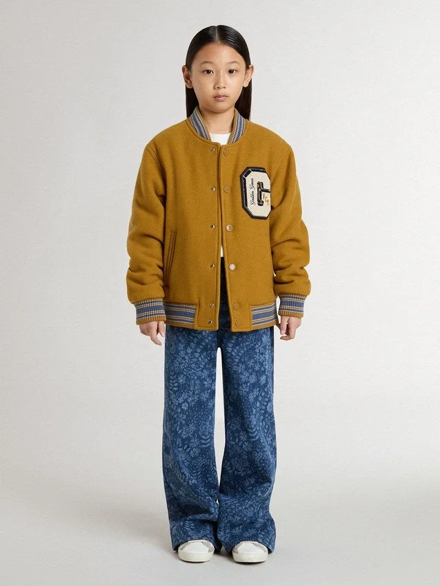 Giacca bomber da bambino in lana giallo ocra con toppa