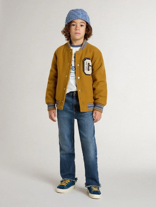 Giacca bomber da bambino in lana giallo ocra con toppa
