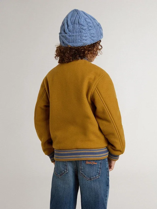 Giacca bomber da bambino in lana giallo ocra con toppa