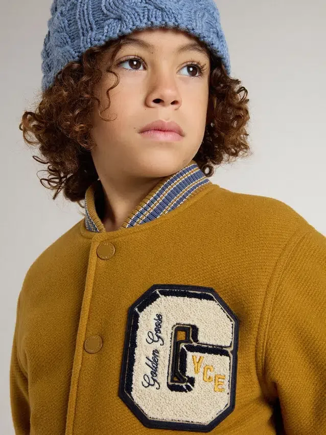 Giacca bomber da bambino in lana giallo ocra con toppa