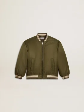 Giacca bomber da bambino in nylon verde militare con scritta sul retro