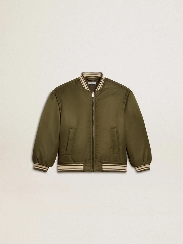 Giacca bomber da bambino in nylon verde militare con scritta sul retro