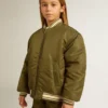Giacca bomber da bambino in nylon verde militare con scritta sul retro