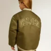 Giacca bomber da bambino in nylon verde militare con scritta sul retro