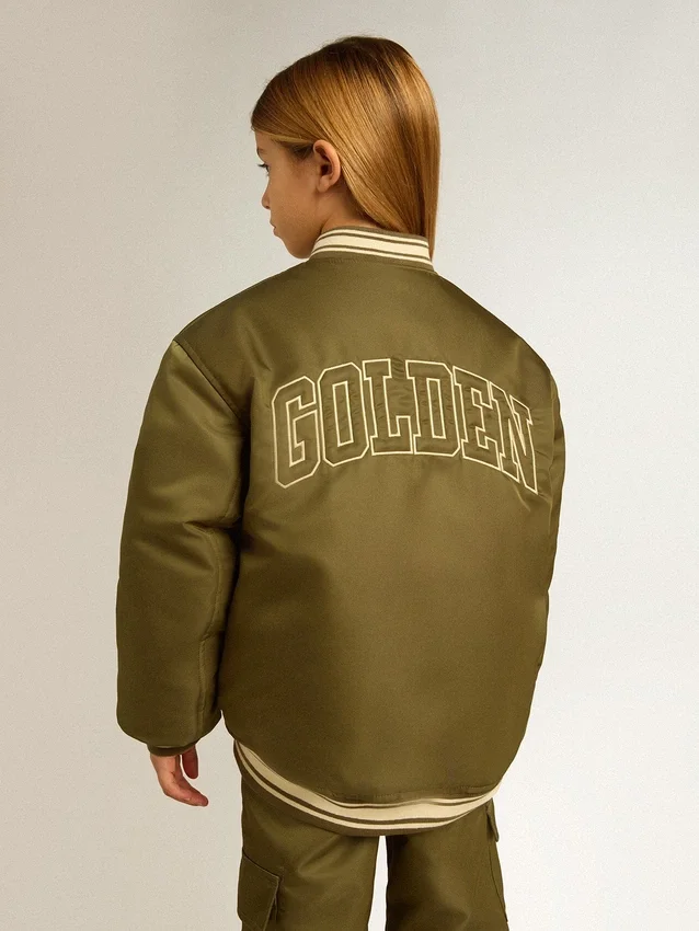 Giacca bomber da bambino in nylon verde militare con scritta sul retro