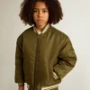 Giacca bomber da bambino in nylon verde militare con scritta sul retro