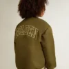 Giacca bomber da bambino in nylon verde militare con scritta sul retro