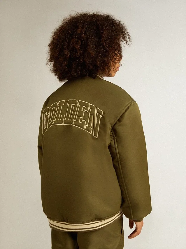 Giacca bomber da bambino in nylon verde militare con scritta sul retro