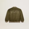 Giacca bomber da bambino in nylon verde militare con scritta sul retro