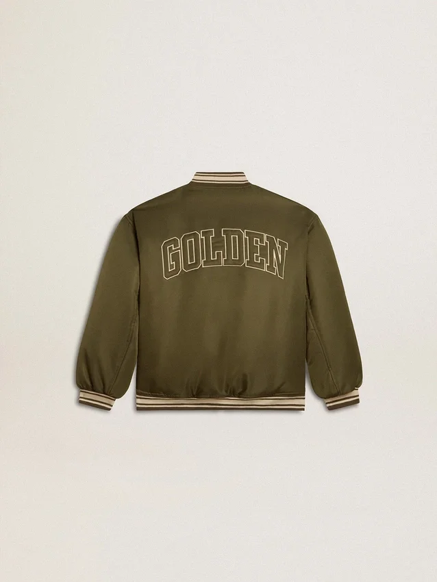 Giacca bomber da bambino in nylon verde militare con scritta sul retro