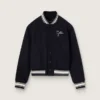 Giacca bomber da donna in lana blu scuro con dettagli bianchi