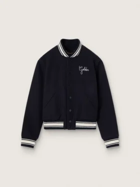 Giacca bomber da donna in lana blu scuro con dettagli bianchi