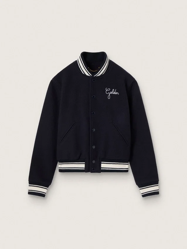 Giacca bomber da donna in lana blu scuro con dettagli bianchi