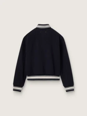 Giacca bomber da donna in lana blu scuro con dettagli bianchi