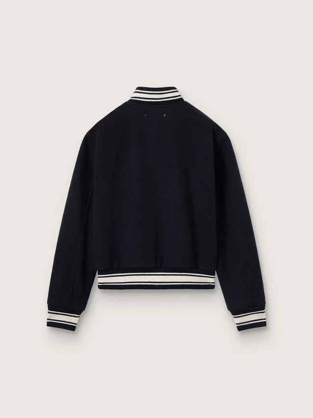 Giacca bomber da donna in lana blu scuro con dettagli bianchi