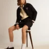 Giacca bomber da donna in lana blu scuro con dettagli bianchi
