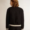 Giacca bomber da donna in lana blu scuro con dettagli bianchi