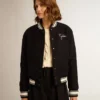 Giacca bomber da donna in lana blu scuro con dettagli bianchi