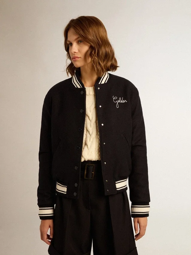 Giacca bomber da donna in lana blu scuro con dettagli bianchi