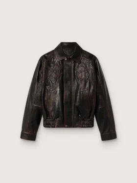 Giacca bomber da donna in pelle nappa bordeaux scuro con ricami floreali