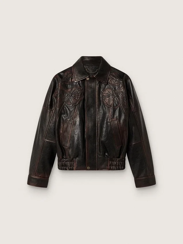 Giacca bomber da donna in pelle nappa bordeaux scuro con ricami floreali