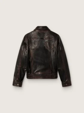 Giacca bomber da donna in pelle nappa bordeaux scuro con ricami floreali