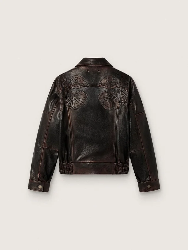 Giacca bomber da donna in pelle nappa bordeaux scuro con ricami floreali