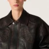 Giacca bomber da donna in pelle nappa bordeaux scuro con ricami floreali