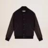 Giacca bomber da uomo in lana blu scuro con maniche in pelle