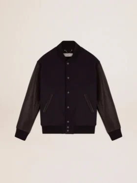 Giacca bomber da uomo in lana blu scuro con maniche in pelle