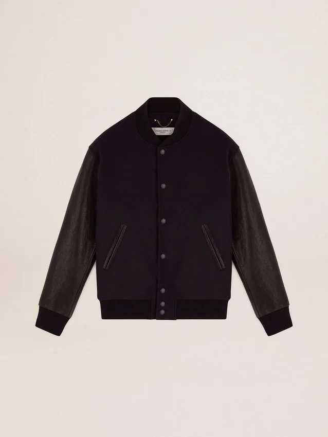 Giacca bomber da uomo in lana blu scuro con maniche in pelle