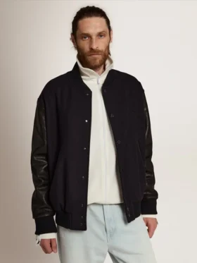 Giacca bomber da uomo in lana blu scuro con maniche in pelle