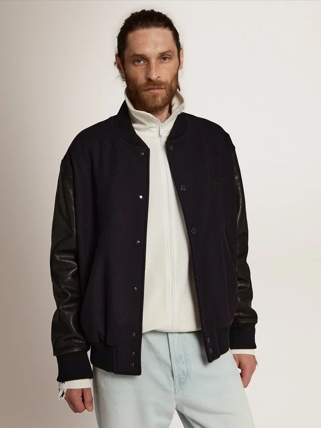 Giacca bomber da uomo in lana blu scuro con maniche in pelle