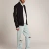 Giacca bomber da uomo in lana blu scuro con maniche in pelle