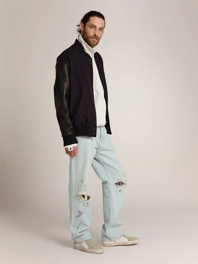 Giacca bomber da uomo in lana blu scuro con maniche in pelle