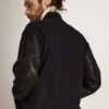 Giacca bomber da uomo in lana blu scuro con maniche in pelle