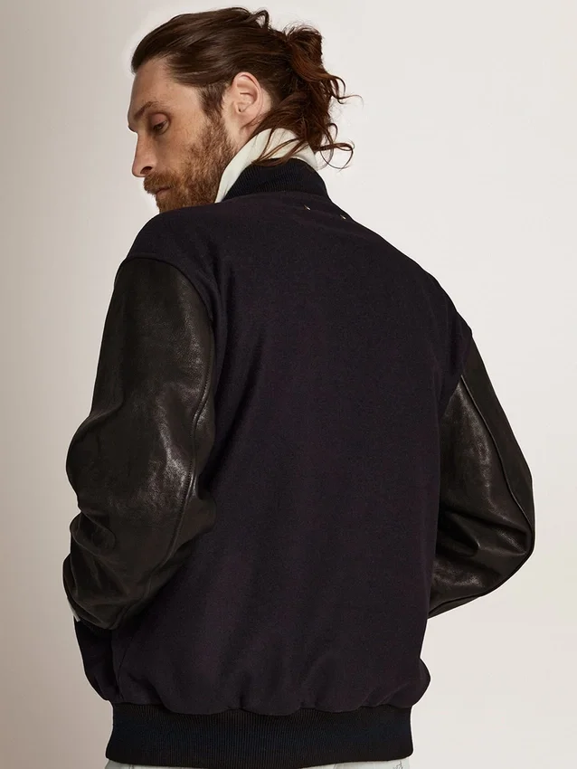 Giacca bomber da uomo in lana blu scuro con maniche in pelle