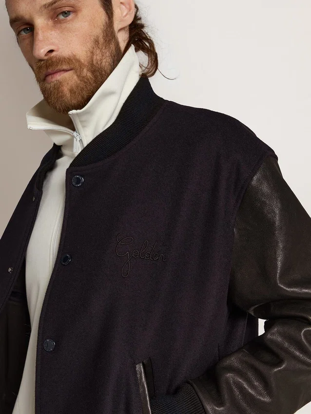 Giacca bomber da uomo in lana blu scuro con maniche in pelle