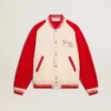 Giacca bomber in cotone bianco e rosso effetto consumato con ricami