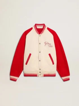 Giacca bomber in cotone bianco e rosso effetto consumato con ricami