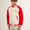 Giacca bomber in cotone bianco e rosso effetto consumato con ricami